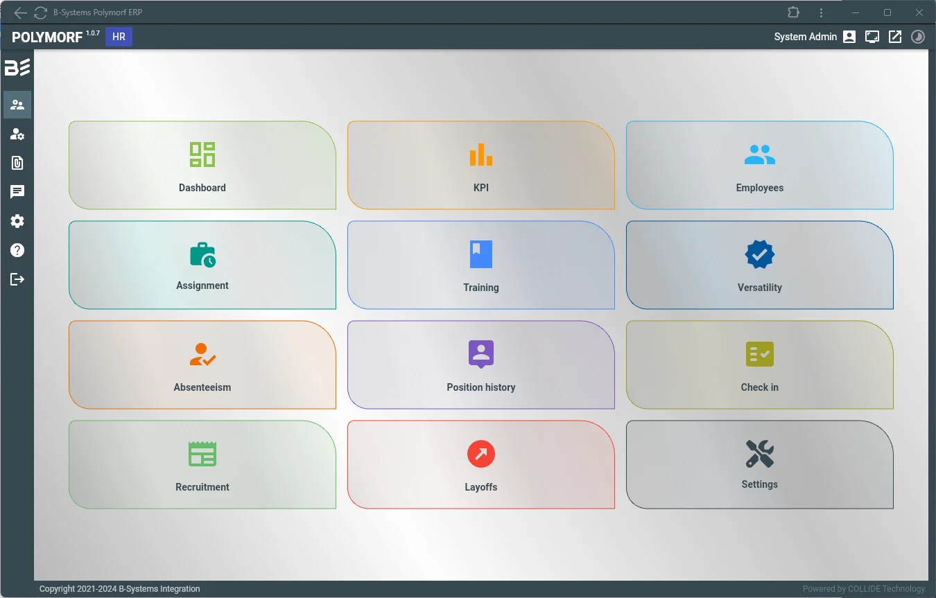 Polymorf ERP — HR module menu: employees, training, clocking, absenteeism and recruitment