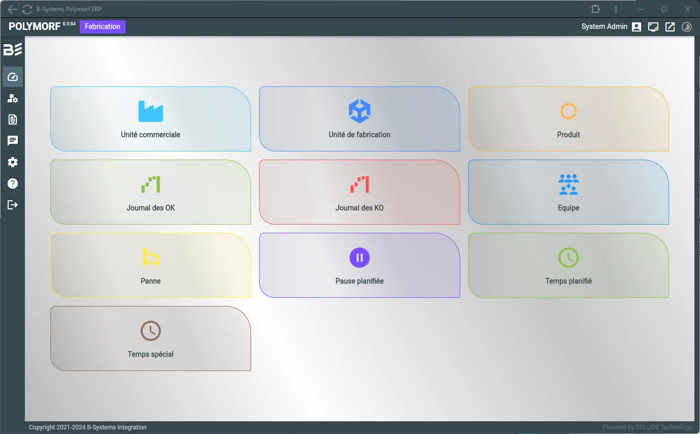 Polymorf ERP — menu du module Fabrication : unité commerciale, unité de fabrication, produit, journaux OK et KO, équipe