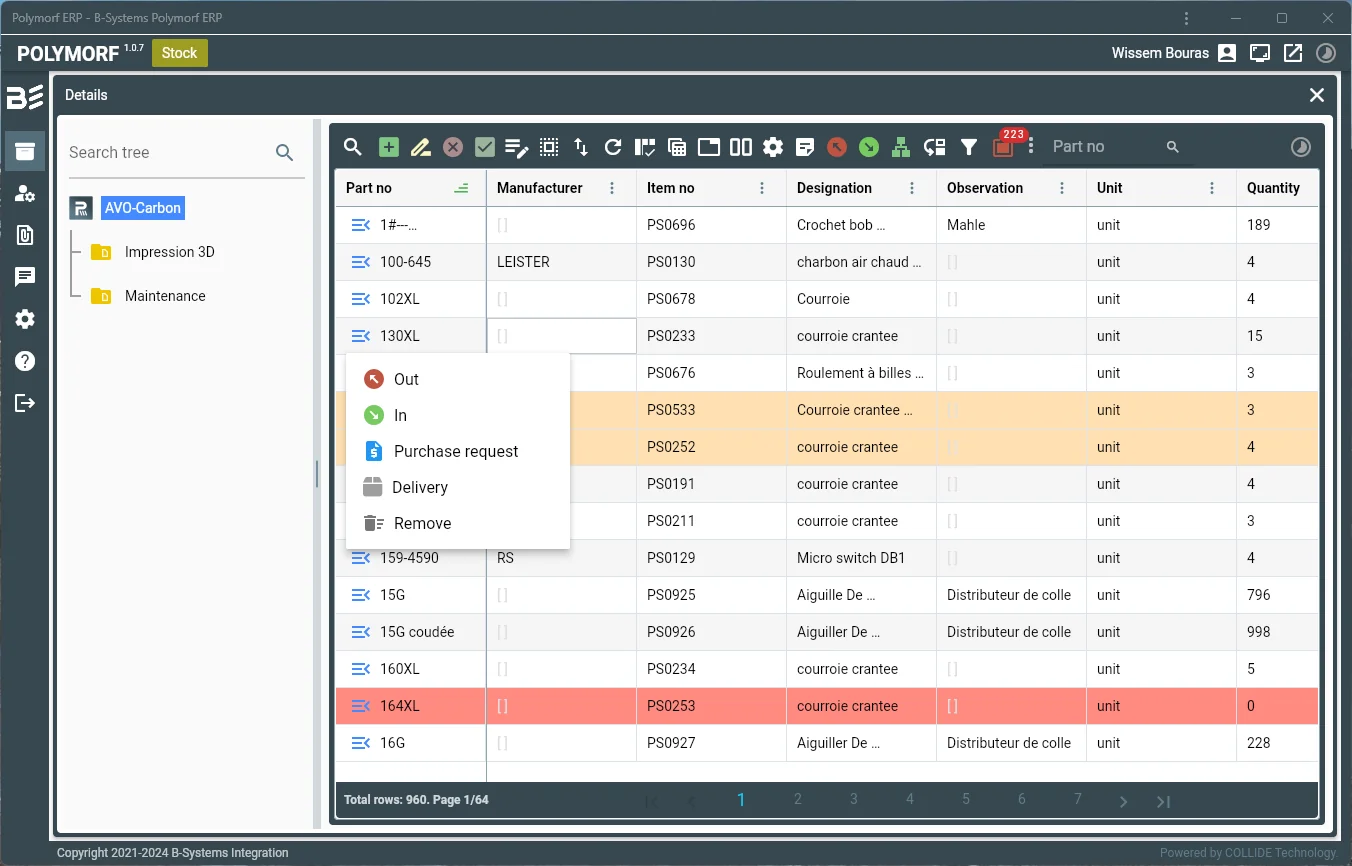 Polymorf ERP — inventory details: items, in, out, purchase requests and safety-stock alerts